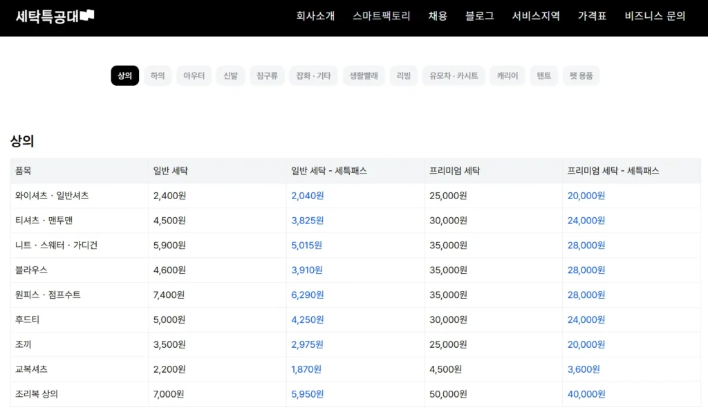 세탁특공대 셔츠 세탁 가격