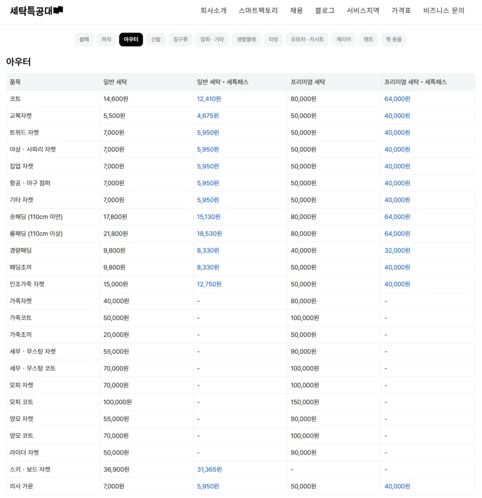 세탁특공대 아우터 세탁 가격